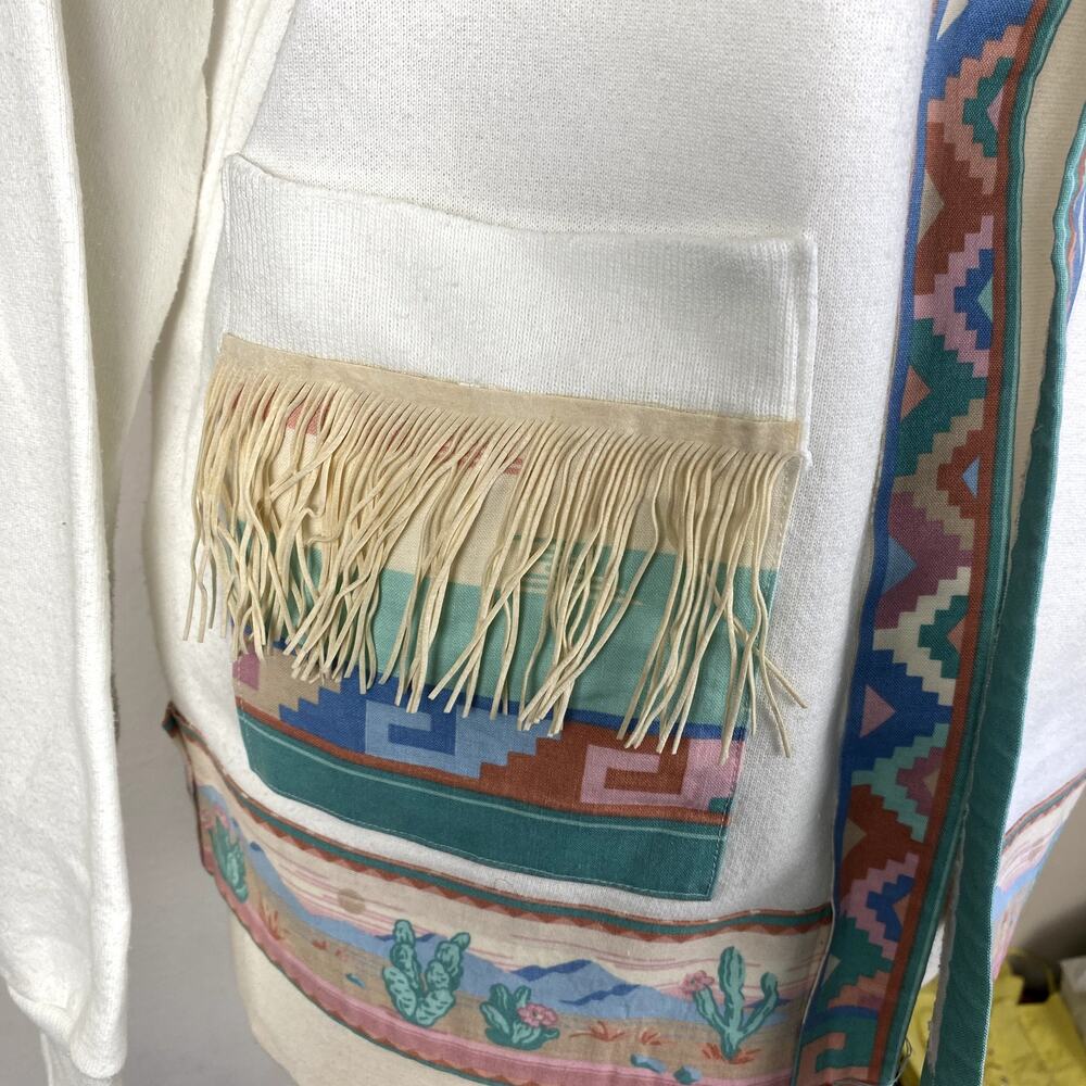 Vintage Southwestern Boho Aztec Abstract Embroidered Fringe Art Sweater Jacket - Picture 5 of 9
